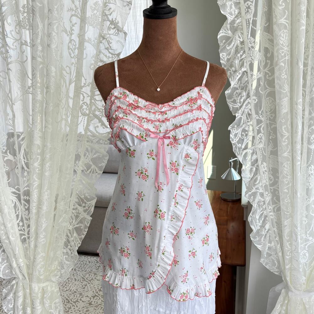 Vintage White Floral Ruched Babydoll Pink Bow Cami Top Spaghetti‎ Straps Large